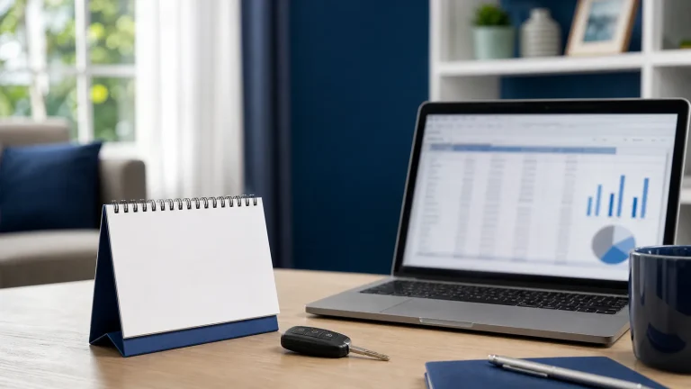 Calendário de mesa, notebook com planilha desfocada e chave de carro sobre uma mesa de escritório.