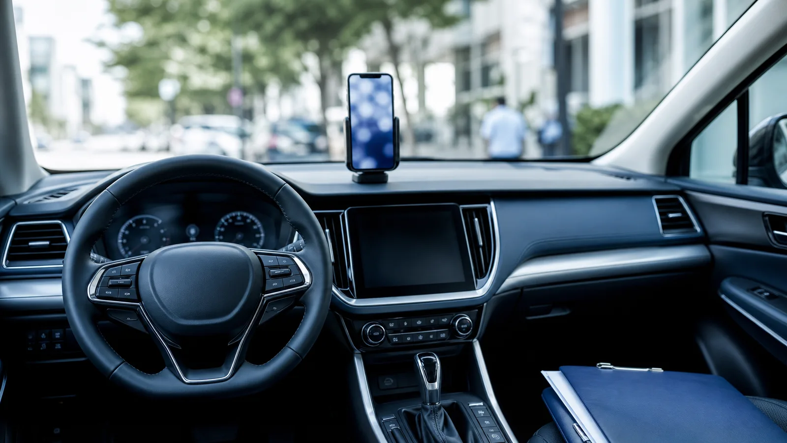 Interior de um carro com volante, painel e um celular no suporte, com uma pasta de documentos no banco do passageiro.