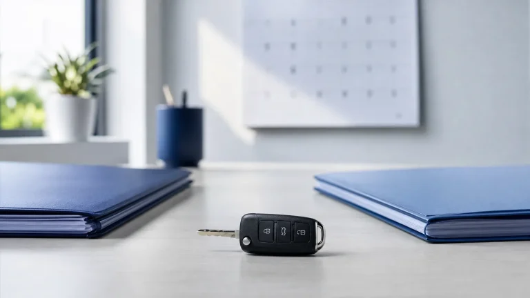 Chave de carro sobre uma mesa entre duas pastas de documentos, com um calendário desfocado ao fundo.