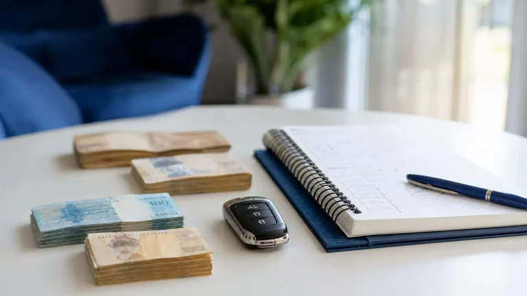 Pilhas de dinheiro ao lado de uma chave de carro e de um caderno sobre uma mesa branca.