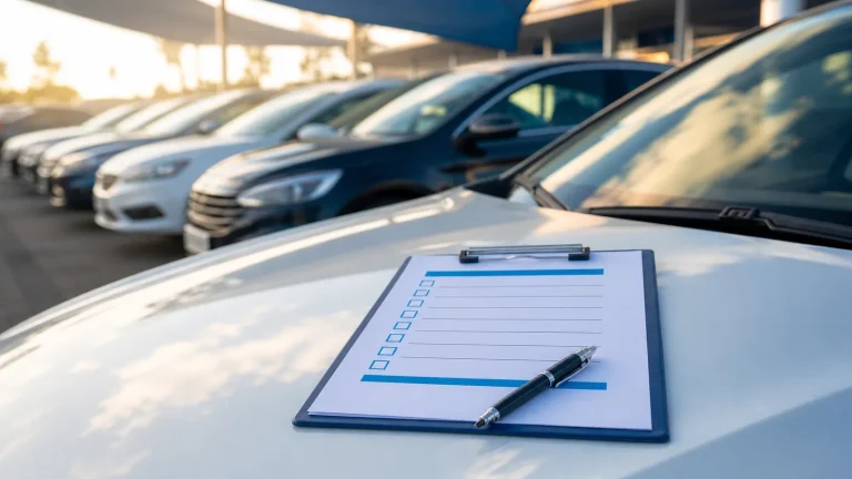 Prancheta com checklist apoiada sobre o capô de um carro em um pátio de veículos usados.