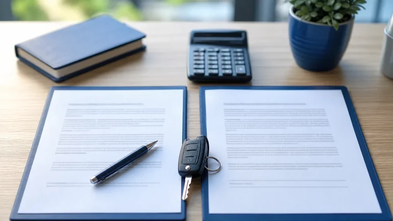 Dois contratos lado a lado sobre uma mesa, com caneta, calculadora e uma chave de carro entre eles.