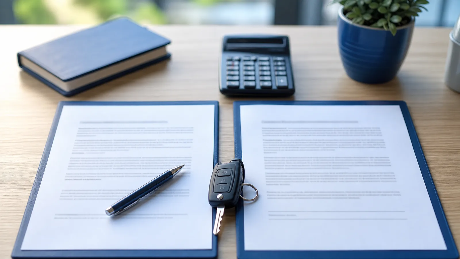 Dois contratos lado a lado sobre uma mesa, com caneta, calculadora e uma chave de carro entre eles.